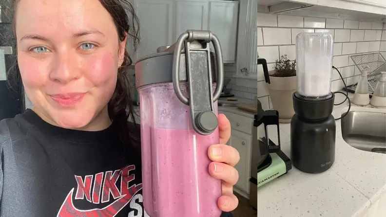 Person holding Our Place blender canister filled with smoothie; Splendor Blender filled with ice on counter