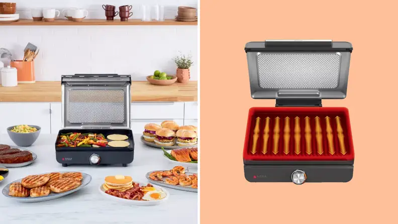 An orange collage with a Ninja Sizzle Smokeless Nonstick Indoor Grill on a kitchen background.