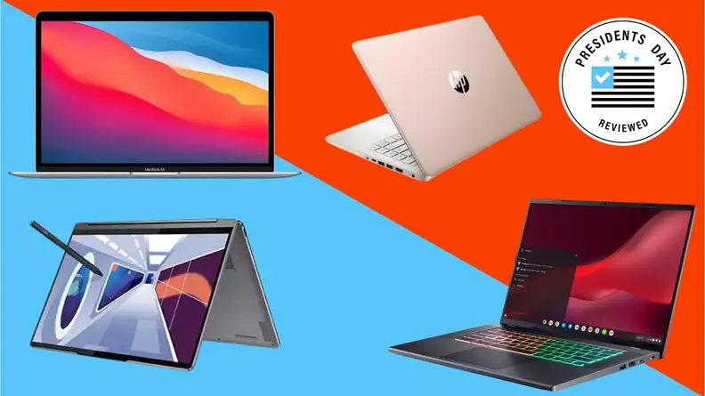 A collection of different laptops with the Presidents Day Reviewed badge in front of a colored background.