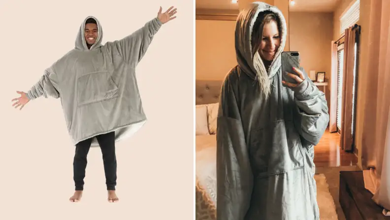 The author wearing The Comfy Original in gray and a model wearing the same sweatshirt.