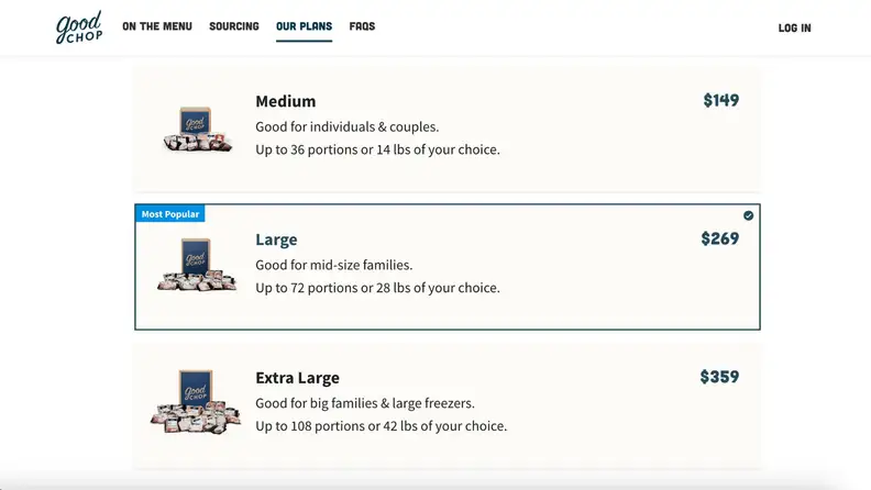 Side by side comparison of the medium and large boxes offered by Good Chop with their subscriptions.