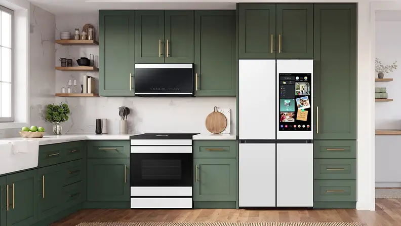 The Bespoke AI Family Hub with AI Vision Inside appears in a model kitchen.