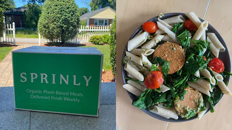 Left: Sprinly box on front porch. Left: plate of pasta with veggies