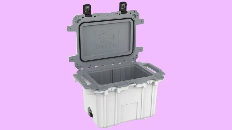 A white Pelican cooler is shown open.