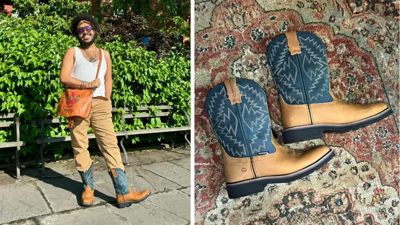 A man wearing blue cowboy boots, and a close-up of the same boots on the right.
