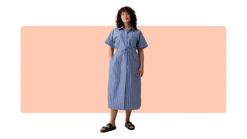 A blue striped shirtdress.