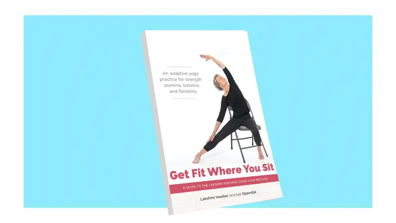 The cover of Get Fit Where You Sit against a blue background.