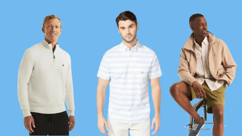 Man wearing white jacket, man wearing white and blue striped t-shirt, and man wearing tan jacket against a blue background