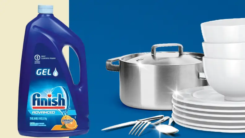 Left: Finish Dishwasher Gel in orange scent; Right: a stainless steel casserole, dining plates and utensils