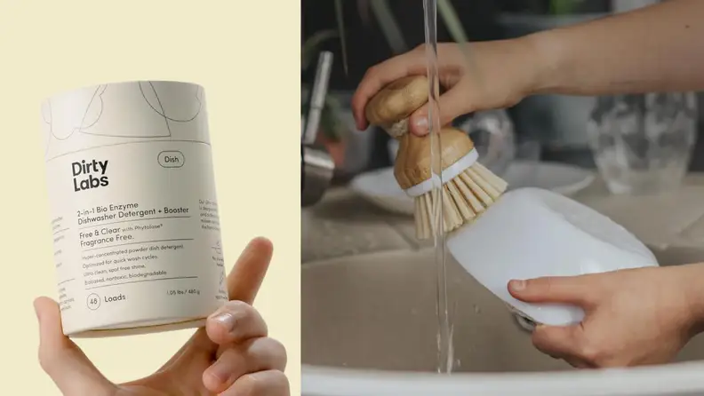 Left: Hand holding a Dirty Labs dishwasher detergent; Right: person washing a bowl in the sink