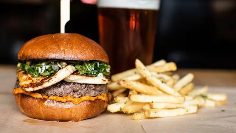Burger, fries and a glass of beer