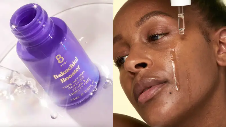 On the left: A purple oil bottle uncapped. On the right: A closeup on a person's face with drops of clear liquid on their face from a dropper.