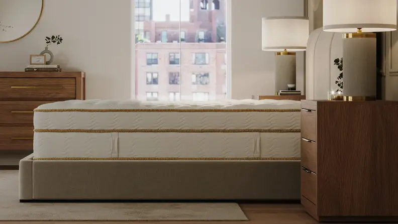 Accessible Luxury Rooms, Saatva Classic, Frame - Lucerne Linen, Nightstand - Verdon, Lamp - Corso