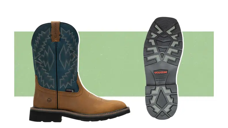 Wolverine cowboy boots on a green background.