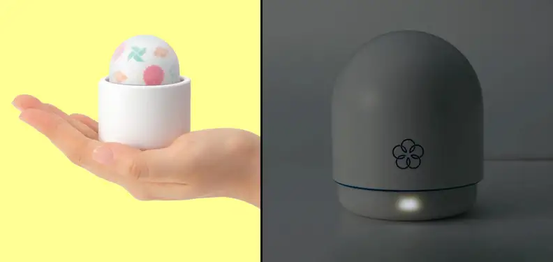 A photo collage of a hand holding the Iroha Temari Kazé in the palm of their hand and the Iroha Temari Kazé with its lid on top.
