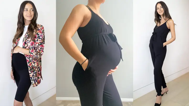 Models wearing maternity bike shorts and jumpsuit from A Pea In The Pod