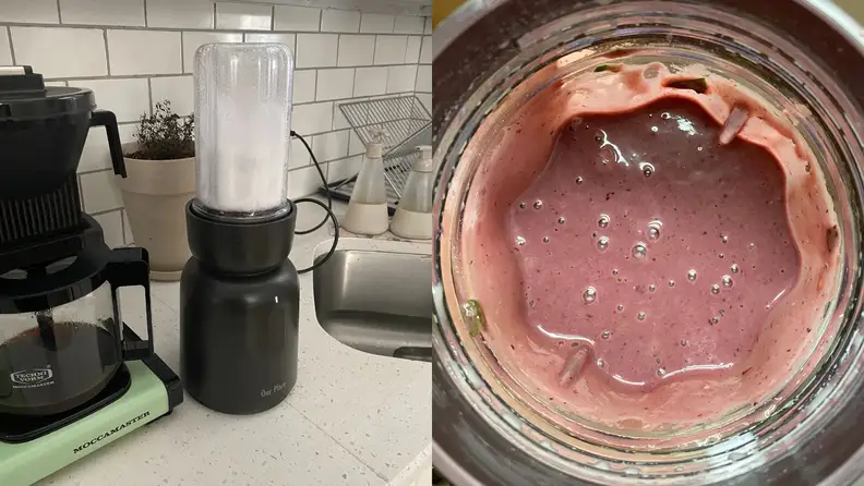 Left: Splendor Blender sitting on a kitchen counter. Right: Blended smoothie in blender cup, shot from above