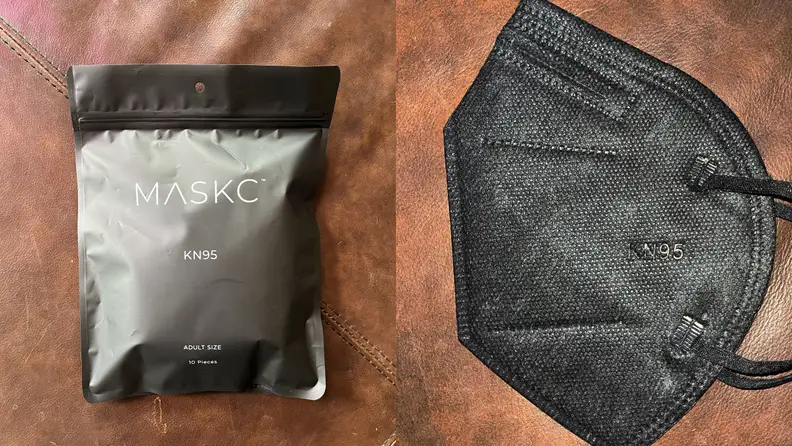 The Maskc packaging next to a Maskc KN95 face mask.