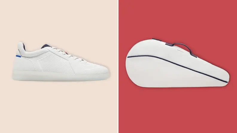 white tennis shoes and white racket bag