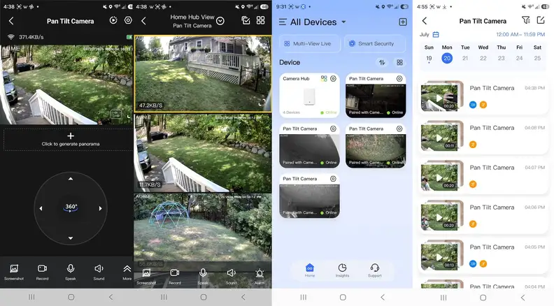 App view of Elysoo 4K Wifi Solar Camera showing the various views, features, and functions.