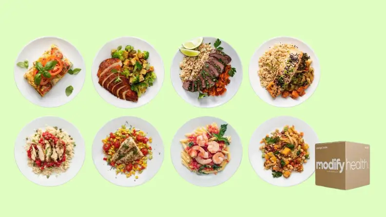Several dishes of Modify Health meals on green background
