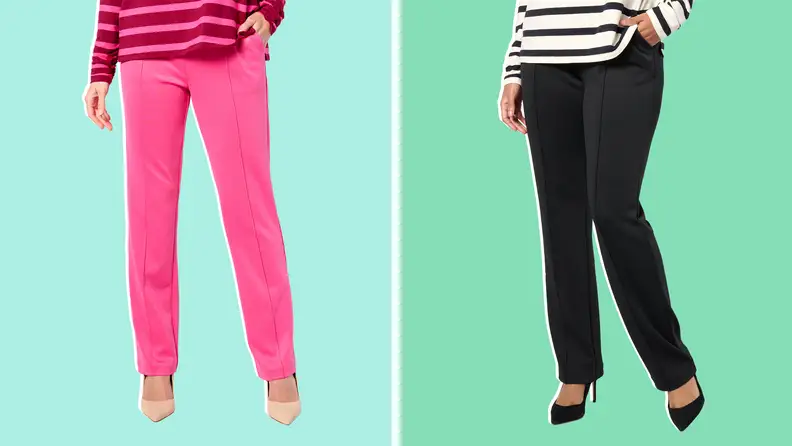 Side-by-side image of the lower bodies of two people wearing dress pants, one pink pair and one black pair, from QVC's Mizrahi Live! x Selma Blair accessible clothing line.