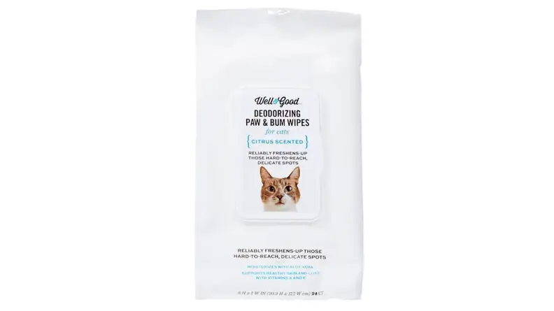 A package of cat bum wipes on a white background
