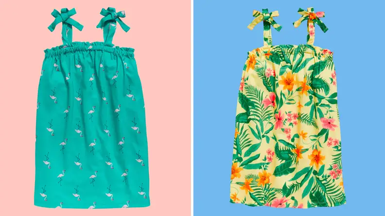 Two Old Navy nightgowns on a blue and pink background