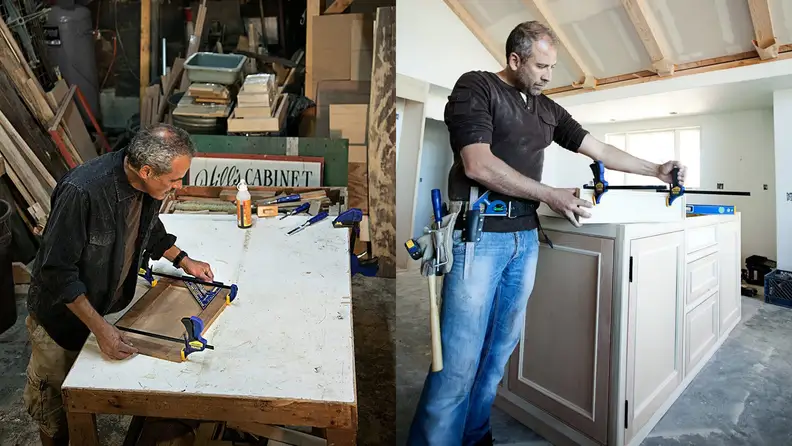 On left, man using Irwin 6-inch Quick Grip Clamps to complete project. On right, man using Irwin 6-inch Quick Grip Clamps to hold together white drawer.