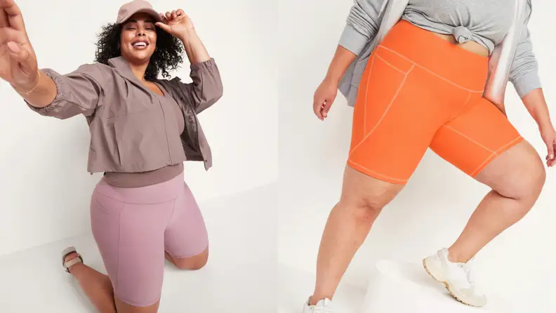 Models wear pink and orange biker shorts.