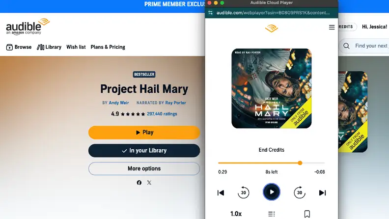 Screenshot of Audible player with the End Credits section of Project Hail Mary