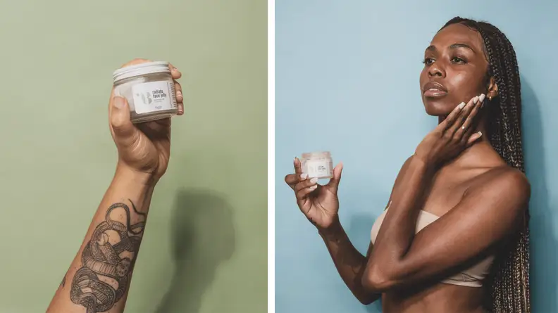 Two images of people holding jars of face jelly