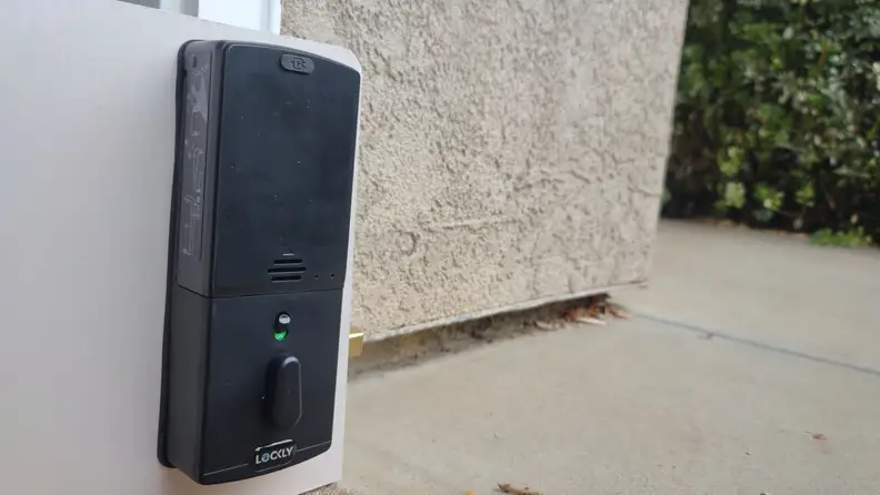 A side shot of the Lockly Vision Elite smart lock.