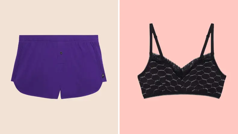 Purple shorts and a black lace bra.