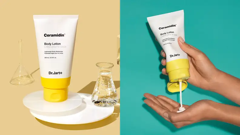 On the left: A tube of Dr. Jart body lotion on a yellow background. On the right: A hand squeezing lotion from a white tube.