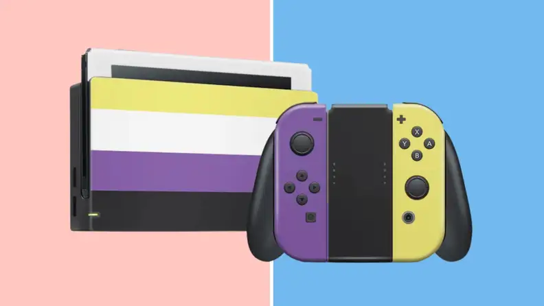 A Nintendo Switch with the nonbinary flag skin.