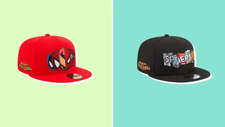 A flat-brimmed red baseball cap with a Spider-Man logo and a black flat-brimmed baseball cap with the words "Spider-Man" against a green backgroud.