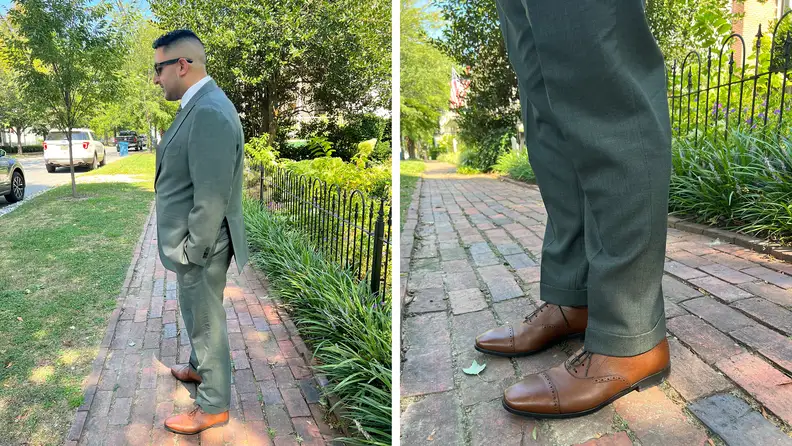 Side profile and close-up of the pant hem of a green suit worn by the author.