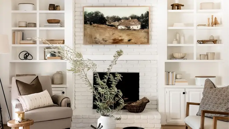 Digital art download printed and framed above a white fireplace