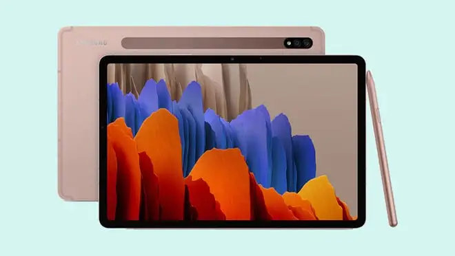 A Samsung tablet against a blue background.