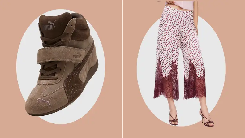 Two side-by-side photos on a tan background. Left: a brown and taupe suede Puma Speedcat Wedge high-top sneaker with a hidden wedge heel, laces, and a hook-and-loop strap. Right: a model in cropped wide-leg white pants with burgundy spots and sheer burgundy lace hems.