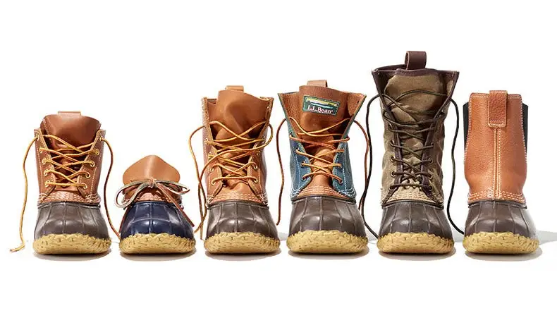 Six L.L. bean boots arranged in a row
