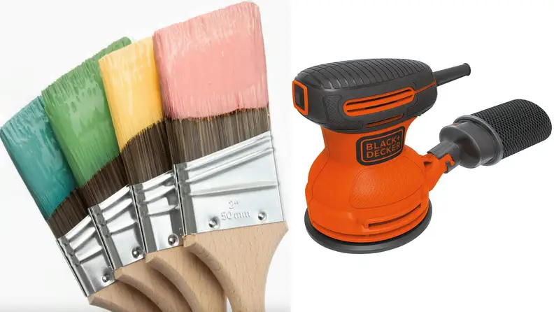 On left, four paint brushes covered in pink, yellow, green and blue paint. On right, BLACK+DECKER orbit sander.