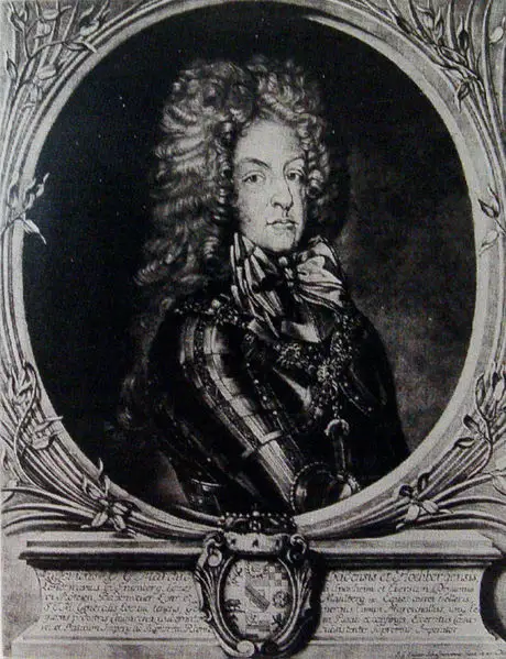Ludwig Wilhelm Baden Markgraf 1655 1707 litho" by Unknown. Original published in Illustrated World History by Révai Brothers in Budapest, 1898—1905. Scanned version published Hungarian Electronic Library (MEK-OSZK).
