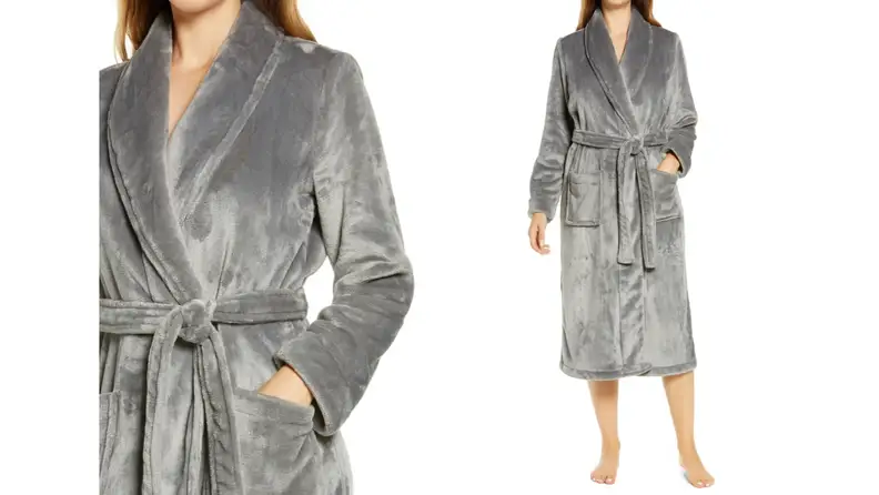 On left,  close up of woman in gray plush robe with hand in pocket. On right, neck down shot of woman in gray plush robe