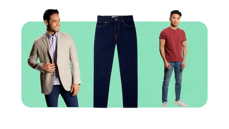 A red henley shirt, black jeans, and a tan blazer.