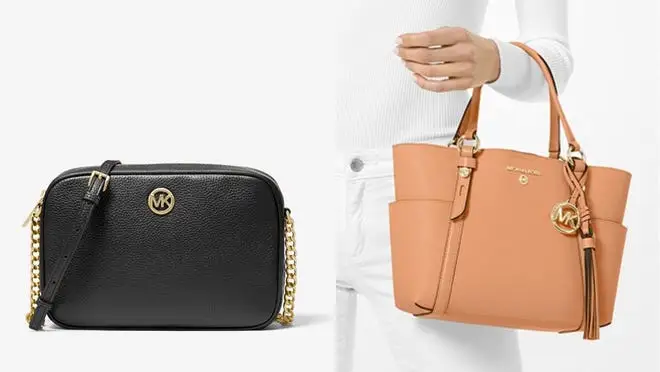 On left, black leather crossbody bag. On right, person holding tan tote bag on arm.