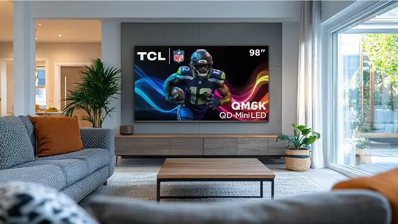 A modern living room featuring a 98-inch TCL QM6K QD-Mini LED TV displaying an NFL player in vibrant detail, with sleek furniture and natural light.