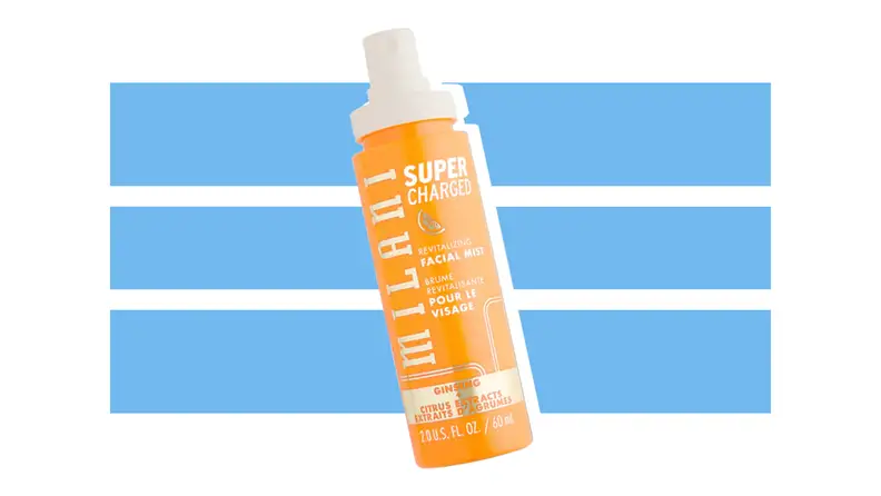 Milani face mist against a blue and white background.