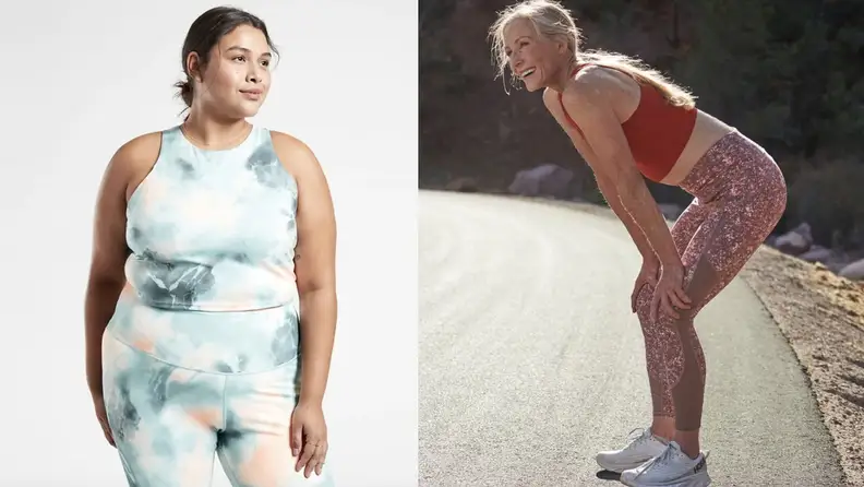 Two people wear sportswear from Athleta.